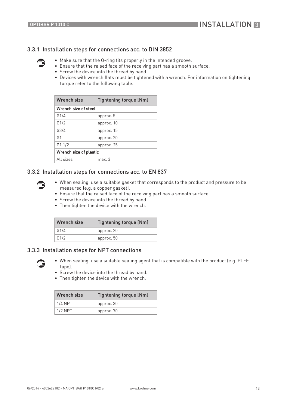 Installation, 3 installation steps for npt connections | KROHNE OPTIBAR P 1010 C EN User Manual | Page 13 / 28