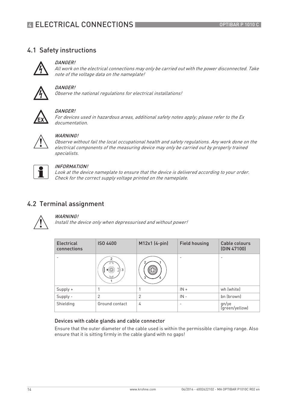 Electrical connections, 1 safety instructions 4.2 terminal assignment | KROHNE OPTIBAR P 1010 C EN User Manual | Page 14 / 28
