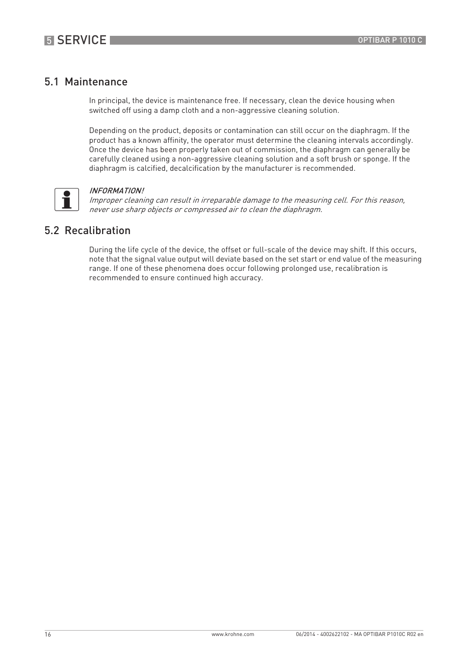 Service, 1 maintenance, 2 recalibration | KROHNE OPTIBAR P 1010 C EN User Manual | Page 16 / 28