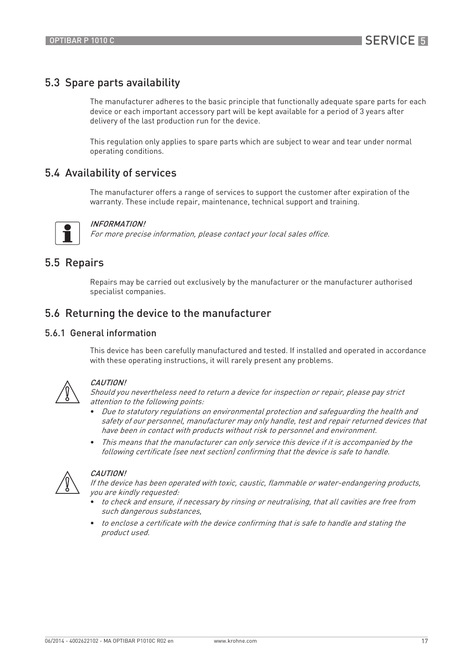 Service, 3 spare parts availability, 4 availability of services | 5 repairs, 6 returning the device to the manufacturer | KROHNE OPTIBAR P 1010 C EN User Manual | Page 17 / 28