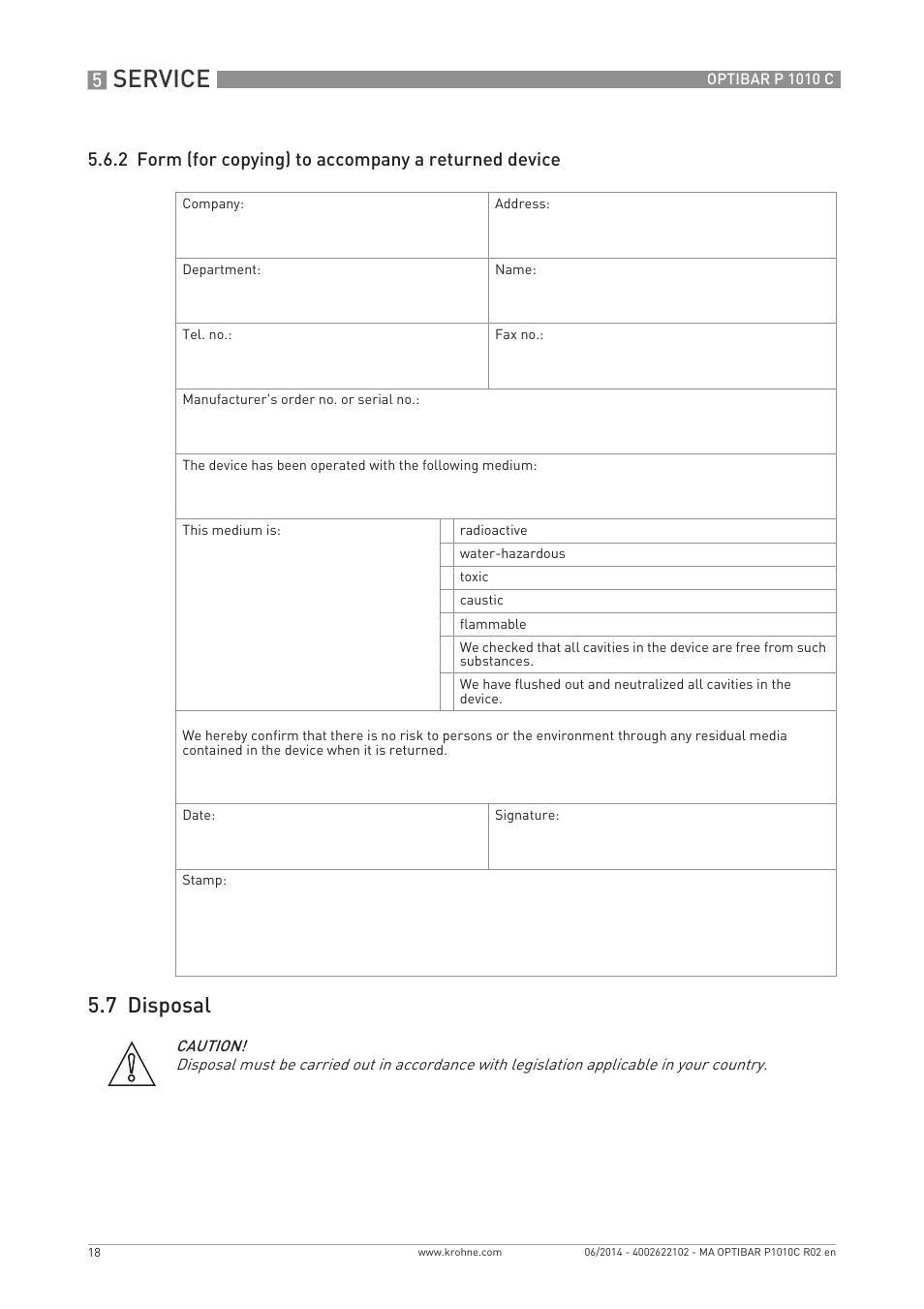Service, 7 disposal | KROHNE OPTIBAR P 1010 C EN User Manual | Page 18 / 28