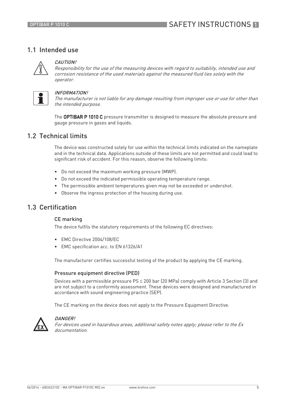 Safety instructions, 1 intended use, 2 technical limits | 3 certification | KROHNE OPTIBAR P 1010 C EN User Manual | Page 5 / 28