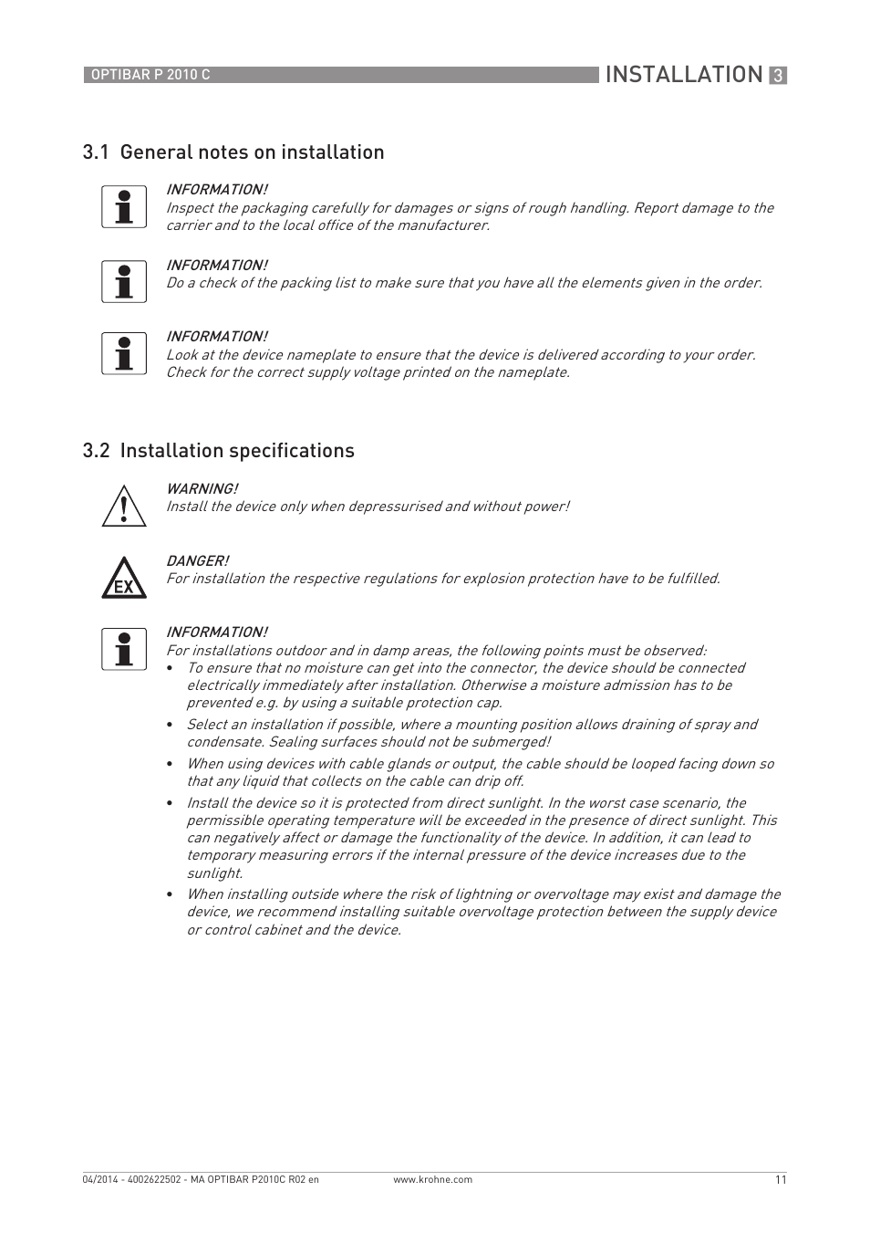 Installation | KROHNE OPTIBAR P 2010 C EN User Manual | Page 11 / 28
