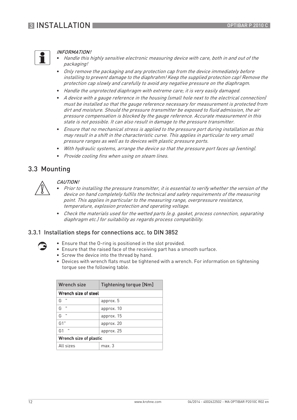 Installation, 3 mounting | KROHNE OPTIBAR P 2010 C EN User Manual | Page 12 / 28