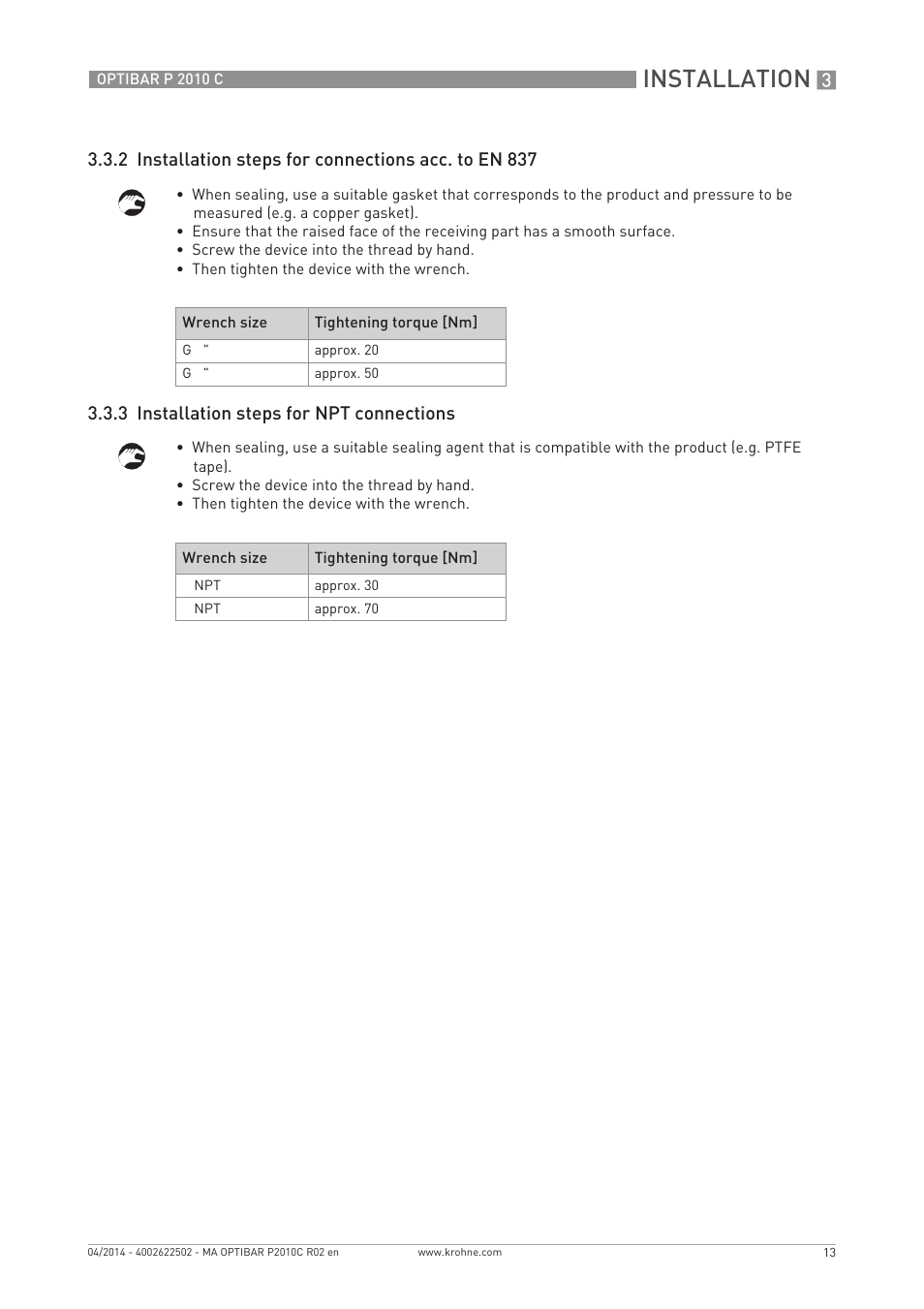 Installation, 3 installation steps for npt connections | KROHNE OPTIBAR P 2010 C EN User Manual | Page 13 / 28