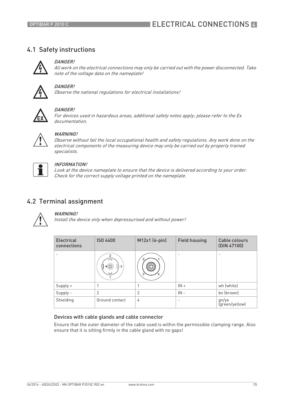 Electrical connections, 1 safety instructions 4.2 terminal assignment | KROHNE OPTIBAR P 2010 C EN User Manual | Page 15 / 28