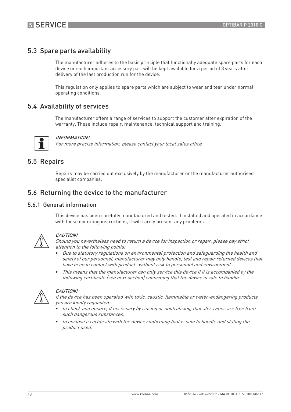 Service, 3 spare parts availability, 4 availability of services | 5 repairs, 6 returning the device to the manufacturer | KROHNE OPTIBAR P 2010 C EN User Manual | Page 18 / 28