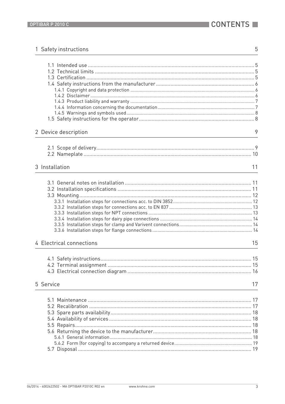 KROHNE OPTIBAR P 2010 C EN User Manual | Page 3 / 28