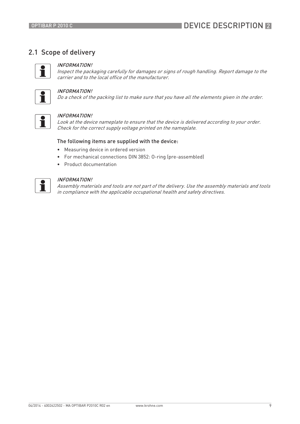 Device description, 1 scope of delivery | KROHNE OPTIBAR P 2010 C EN User Manual | Page 9 / 28