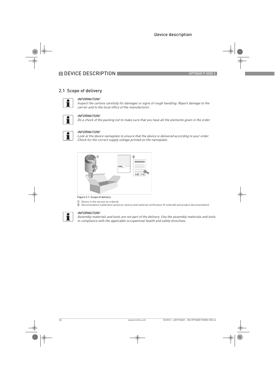 Device description, Device description 2.1 scope of delivery | KROHNE OPTIBAR P 3050 C EN User Manual | Page 10 / 40