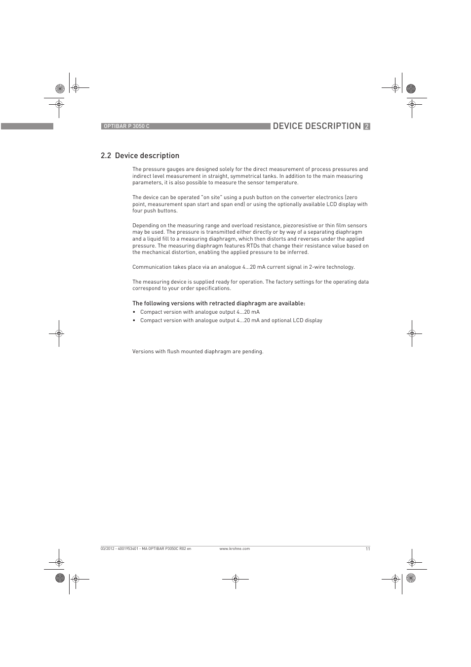 Device description, 2 device description | KROHNE OPTIBAR P 3050 C EN User Manual | Page 11 / 40