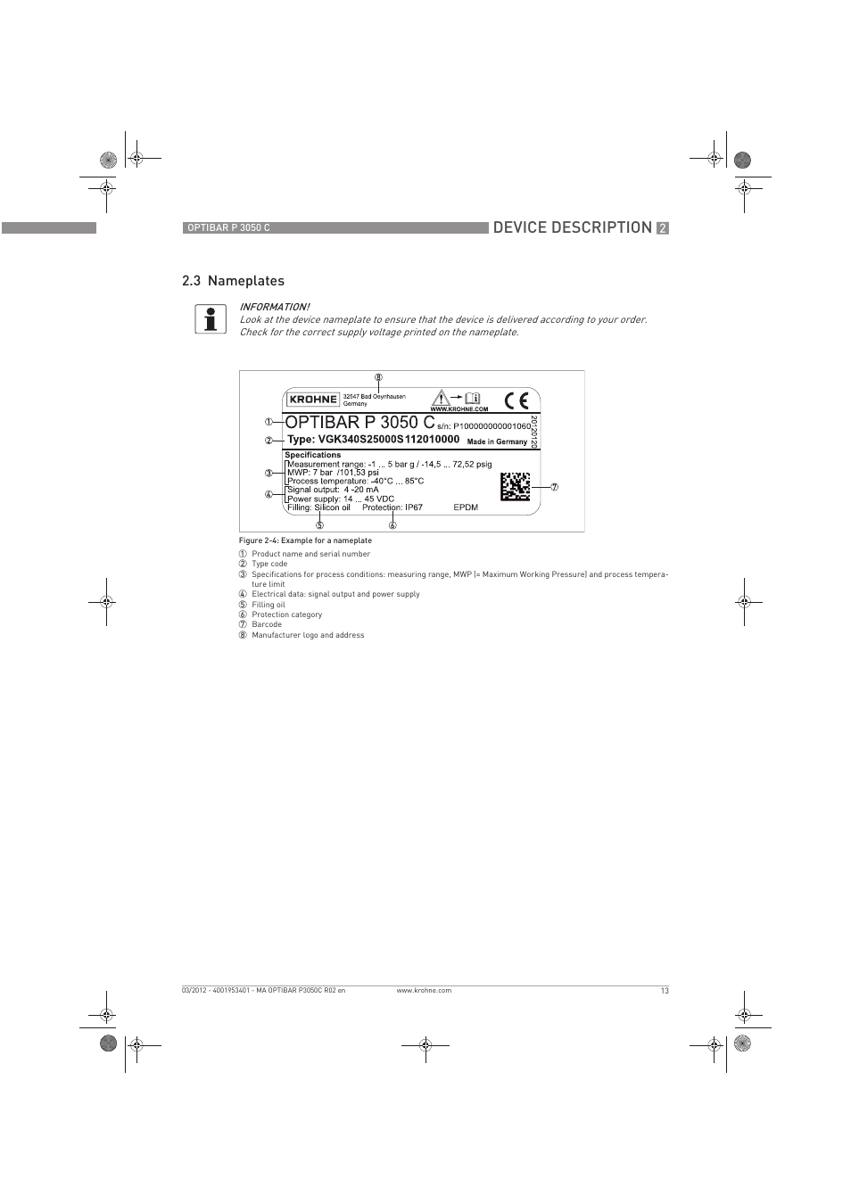 Device description, 3 nameplates | KROHNE OPTIBAR P 3050 C EN User Manual | Page 13 / 40