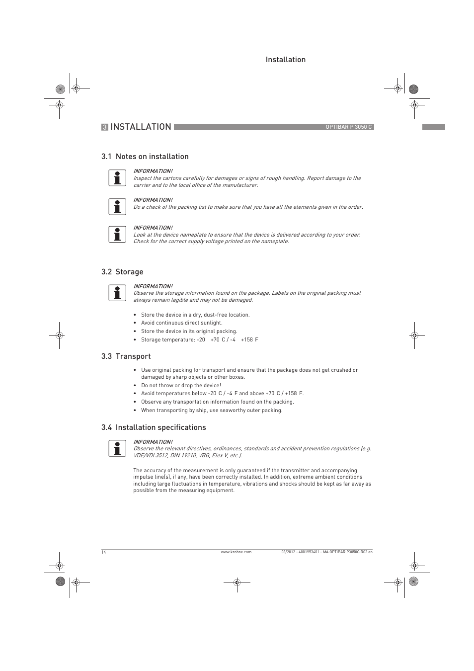 Installation | KROHNE OPTIBAR P 3050 C EN User Manual | Page 14 / 40