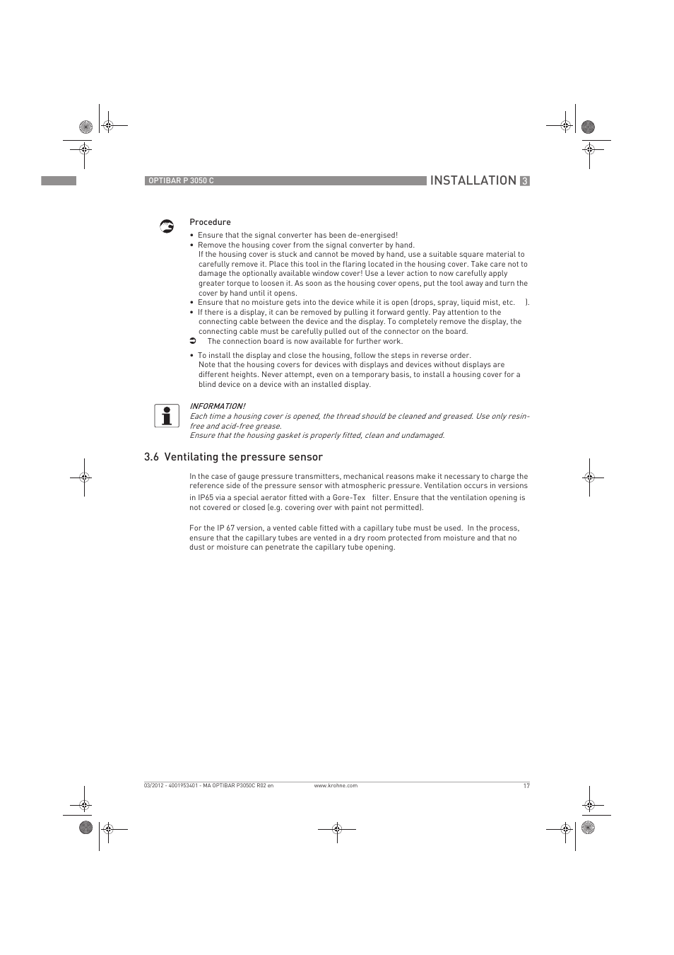 Installation, 6 ventilating the pressure sensor | KROHNE OPTIBAR P 3050 C EN User Manual | Page 17 / 40