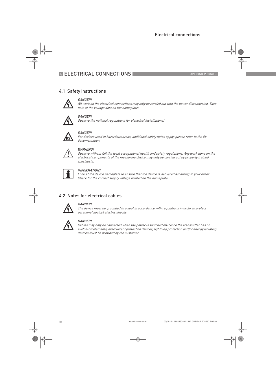 Electrical connections | KROHNE OPTIBAR P 3050 C EN User Manual | Page 18 / 40