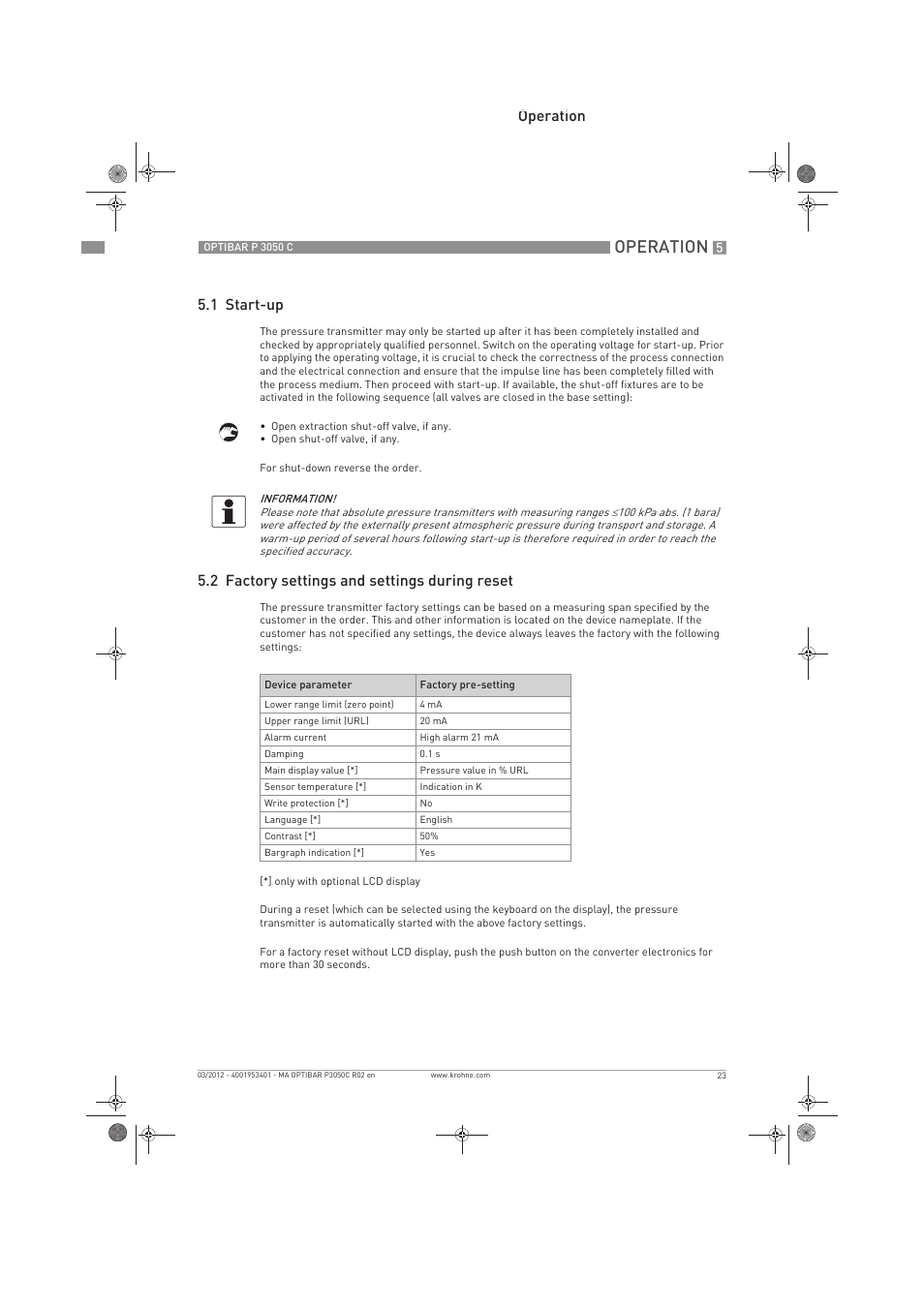 Operation, Operation 5.1 start-up, 2 factory settings and settings during reset | KROHNE OPTIBAR P 3050 C EN User Manual | Page 23 / 40