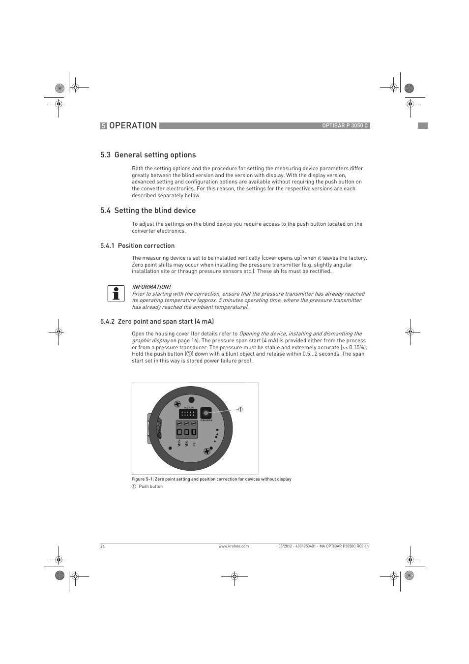 Operation, 3 general setting options, 4 setting the blind device | KROHNE OPTIBAR P 3050 C EN User Manual | Page 24 / 40