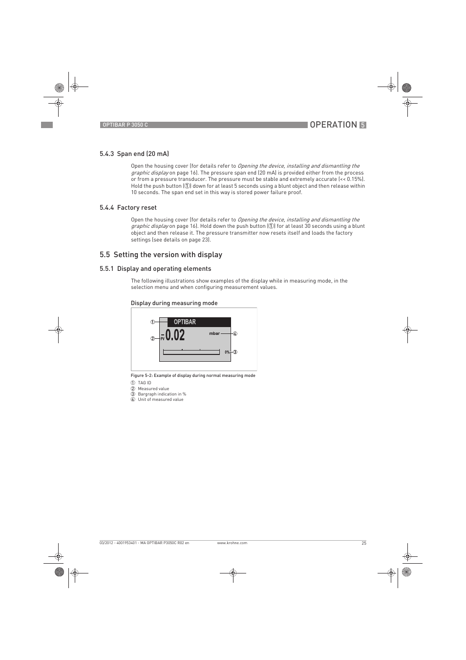 Operation, 5 setting the version with display | KROHNE OPTIBAR P 3050 C EN User Manual | Page 25 / 40