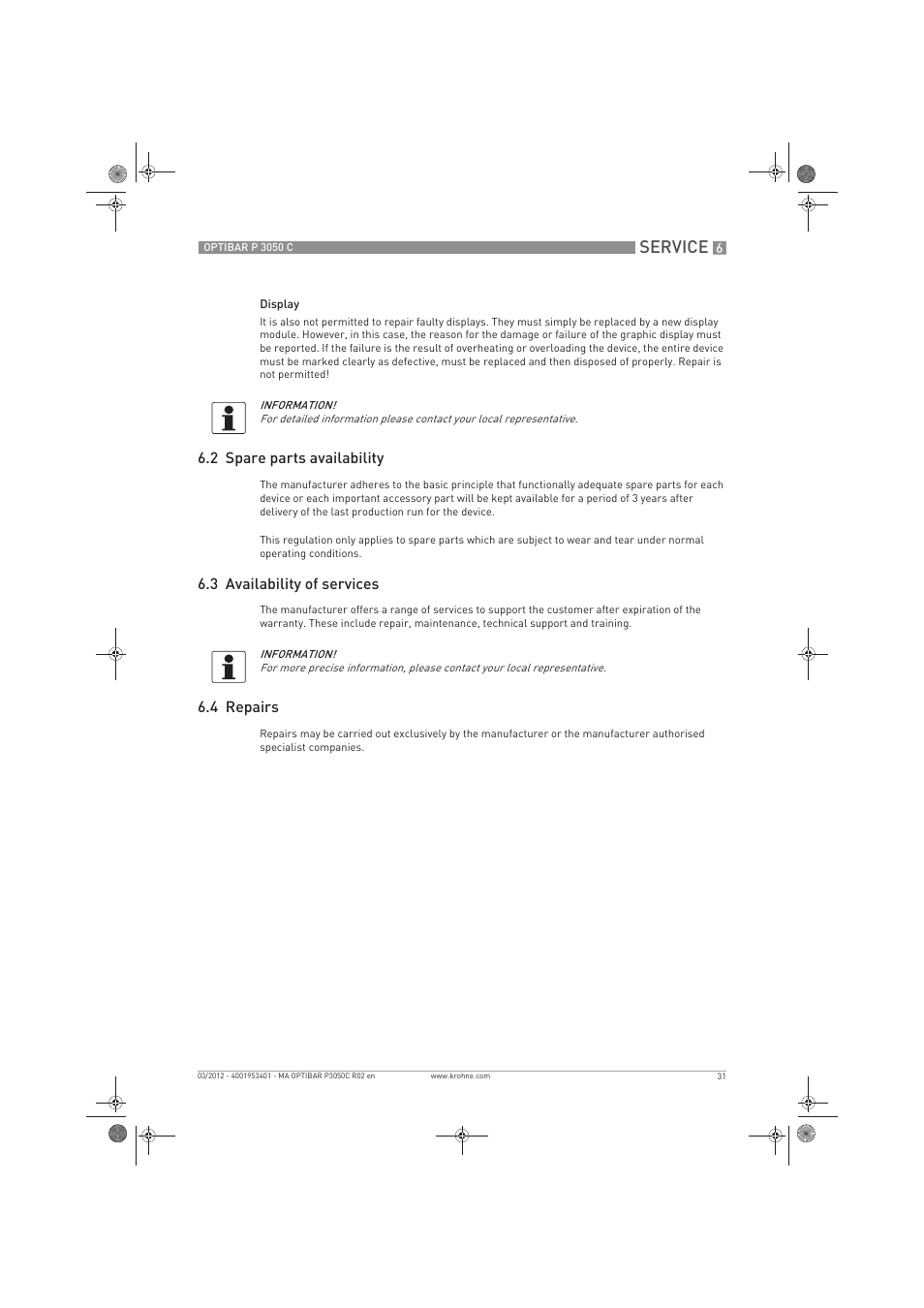 Service, 2 spare parts availability, 3 availability of services | 4 repairs | KROHNE OPTIBAR P 3050 C EN User Manual | Page 31 / 40