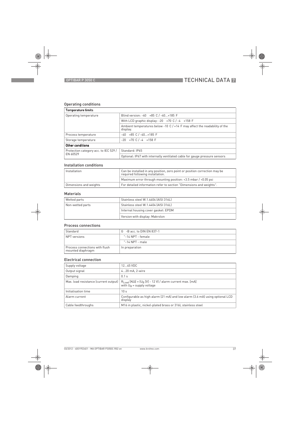 Technical data | KROHNE OPTIBAR P 3050 C EN User Manual | Page 37 / 40