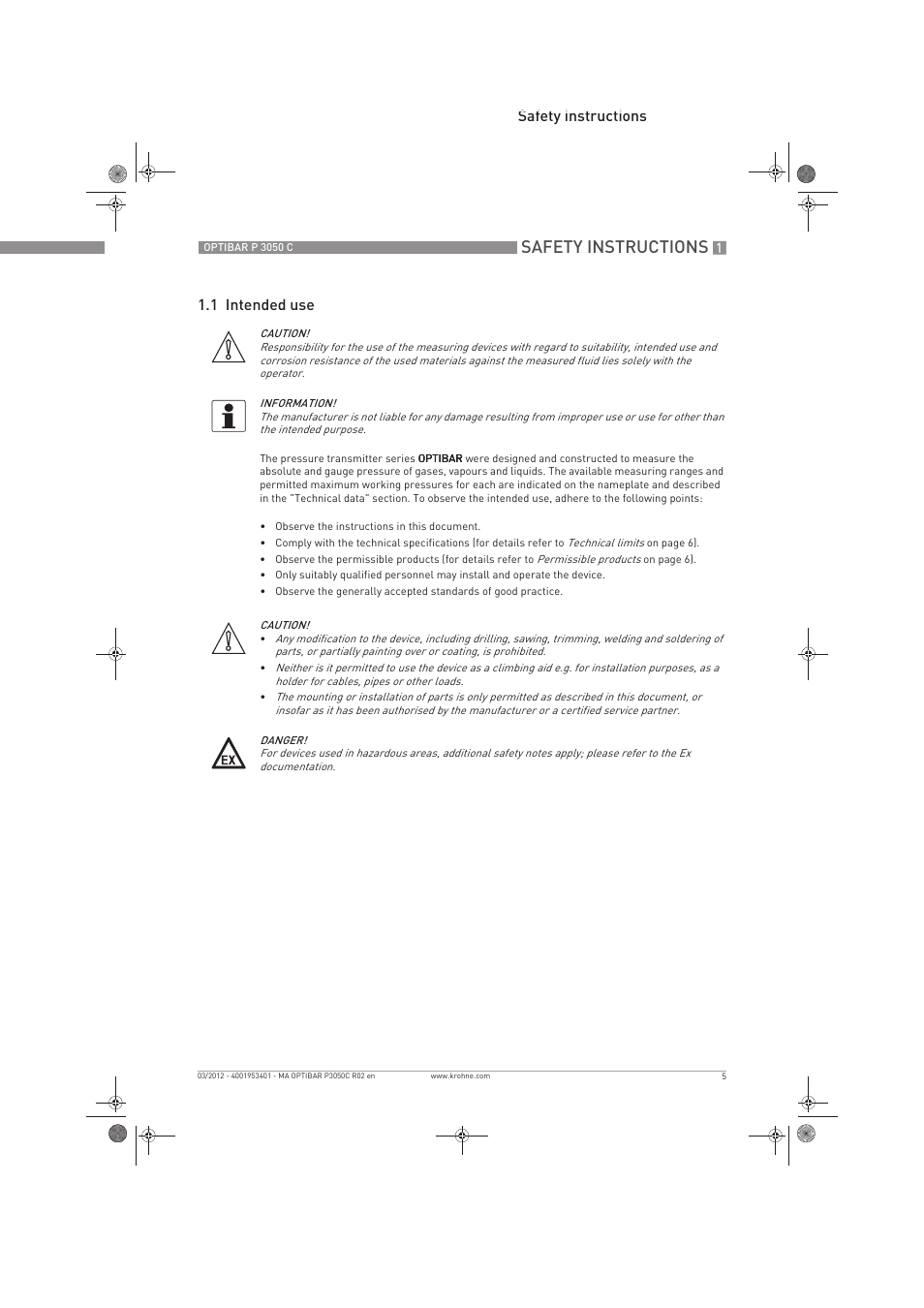Safety instructions, Safety instructions 1.1 intended use | KROHNE OPTIBAR P 3050 C EN User Manual | Page 5 / 40