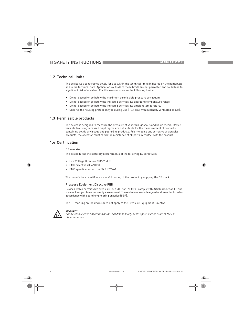 Safety instructions, 2 technical limits, 3 permissible products | 4 certification | KROHNE OPTIBAR P 3050 C EN User Manual | Page 6 / 40