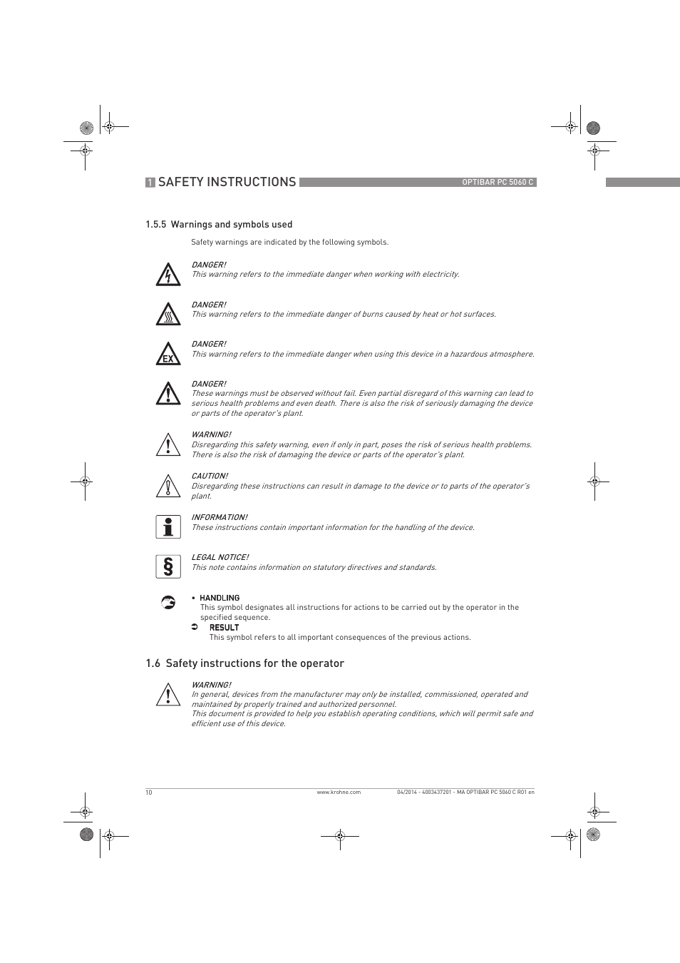 Safety instructions, 6 safety instructions for the operator | KROHNE OPTIBAR PC 5060 C EN User Manual | Page 10 / 92