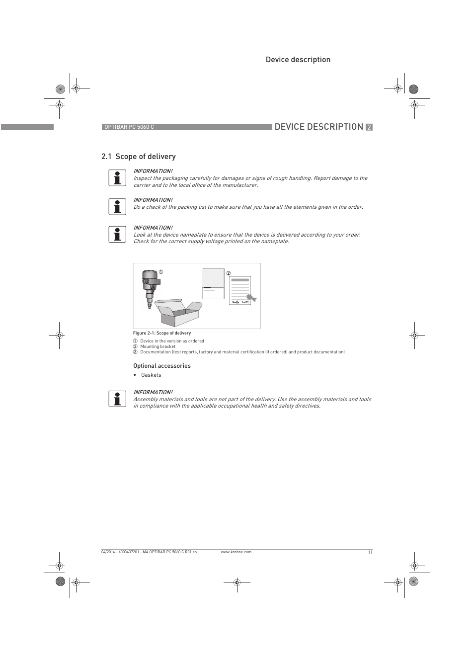 Device description, Device description 2.1 scope of delivery | KROHNE OPTIBAR PC 5060 C EN User Manual | Page 11 / 92