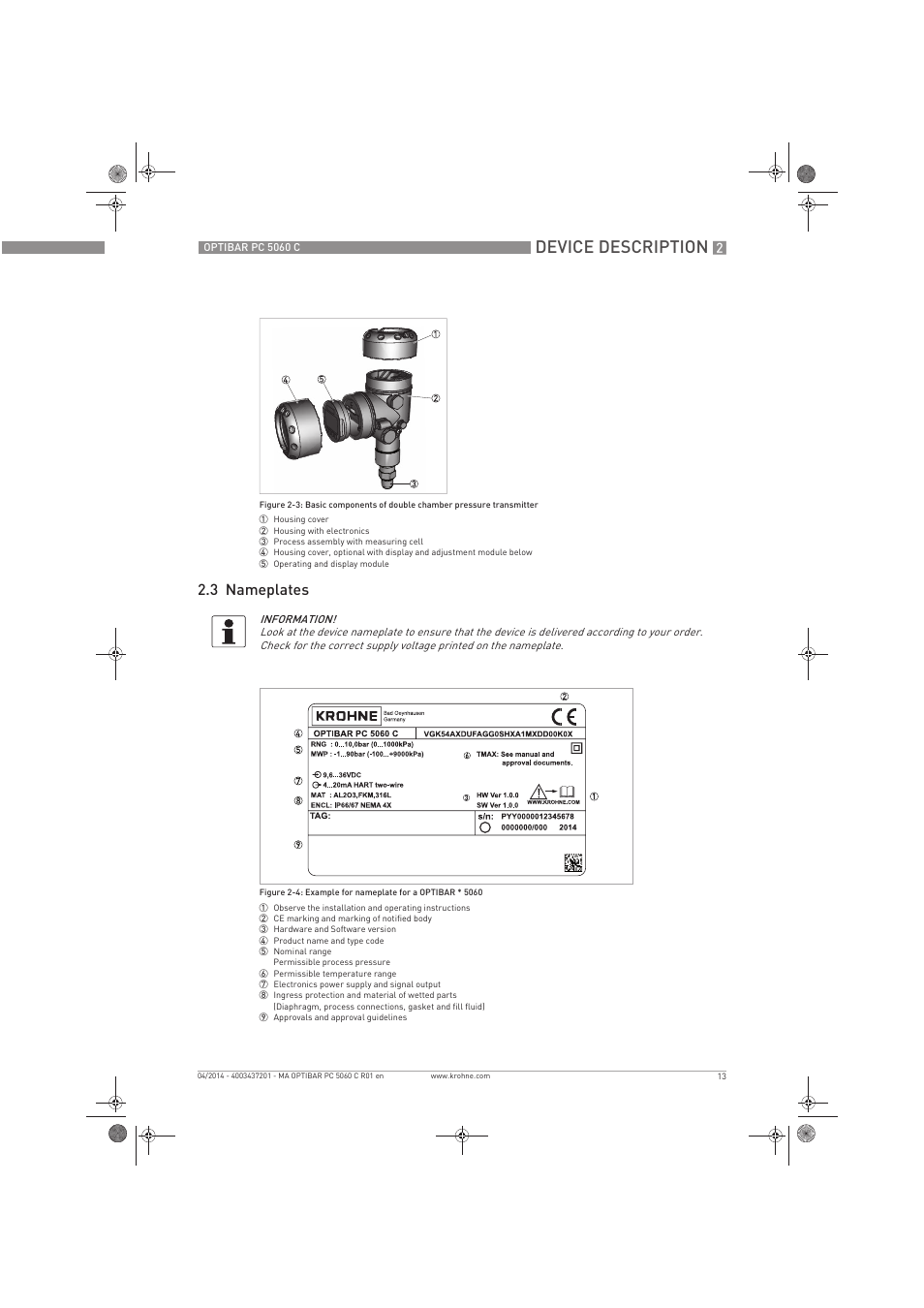 Device description, 3 nameplates | KROHNE OPTIBAR PC 5060 C EN User Manual | Page 13 / 92