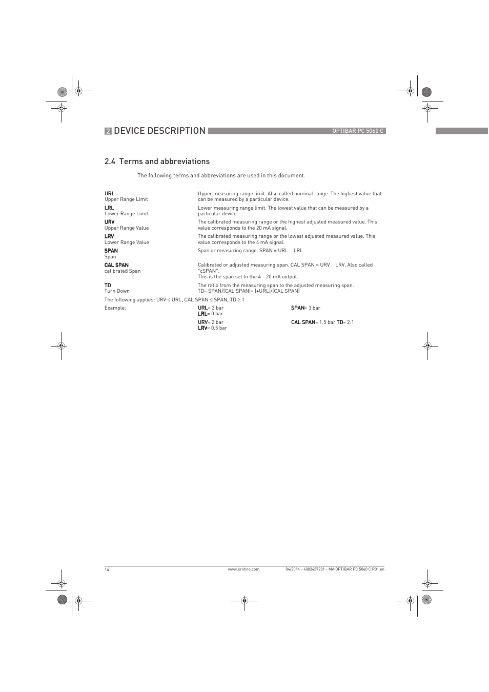 Device description, 4 terms and abbreviations | KROHNE OPTIBAR PC 5060 C EN User Manual | Page 14 / 92