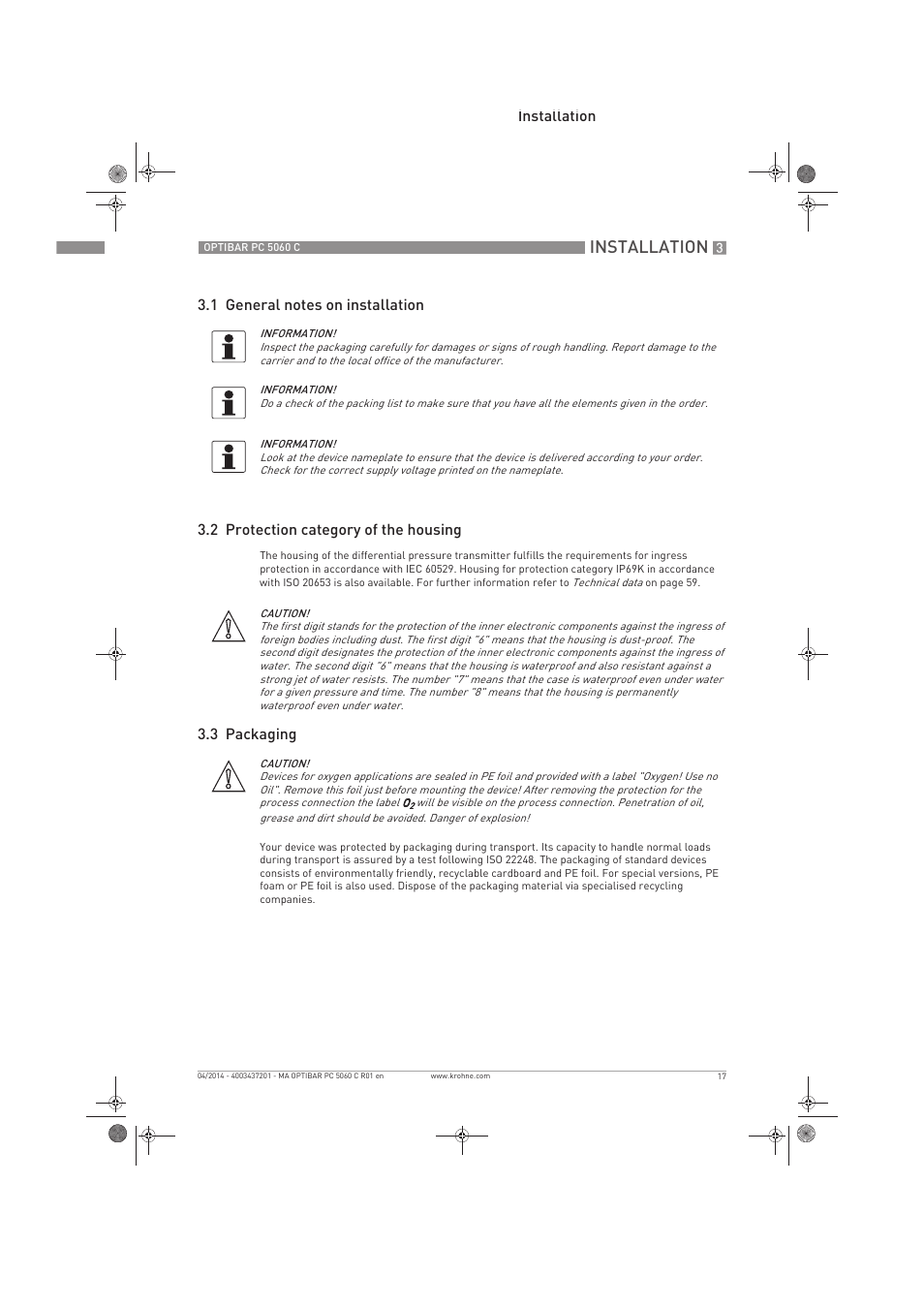 Installation, 3 packaging | KROHNE OPTIBAR PC 5060 C EN User Manual | Page 17 / 92
