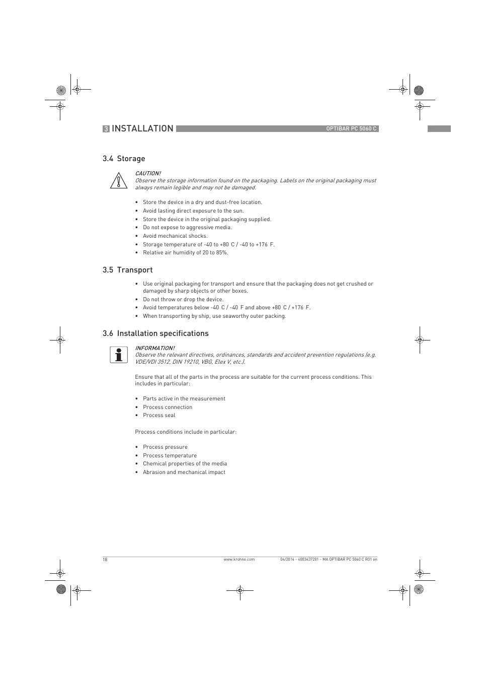 Installation, 4 storage, 5 transport | 6 installation specifications | KROHNE OPTIBAR PC 5060 C EN User Manual | Page 18 / 92