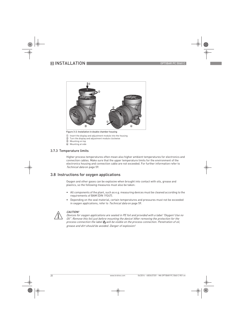 Installation, 8 instructions for oxygen applications | KROHNE OPTIBAR PC 5060 C EN User Manual | Page 20 / 92