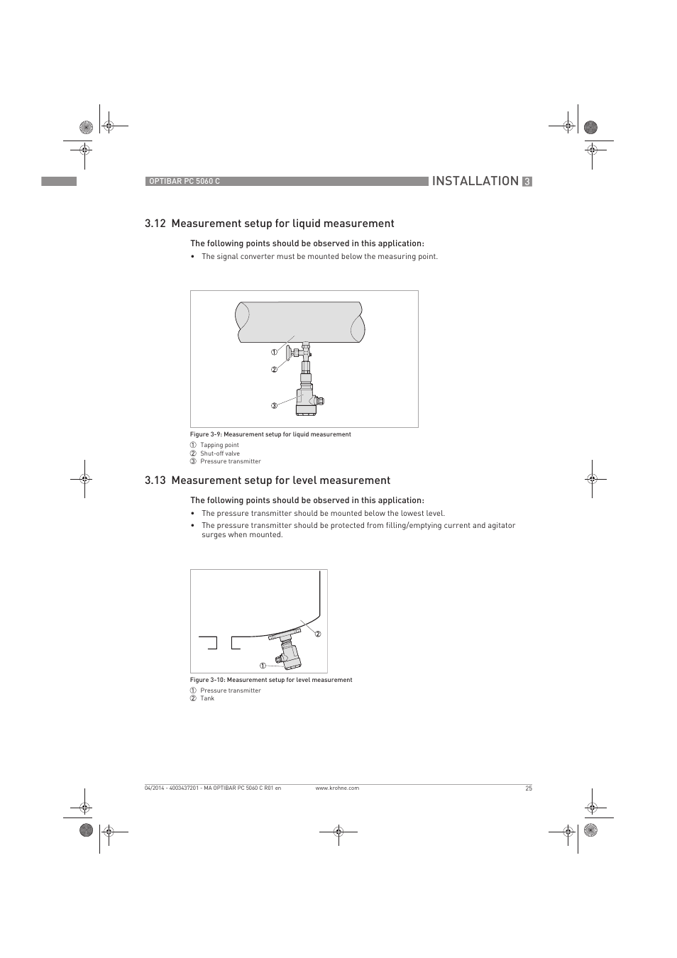 Installation, 12 measurement setup for liquid measurement, 13 measurement setup for level measurement | KROHNE OPTIBAR PC 5060 C EN User Manual | Page 25 / 92