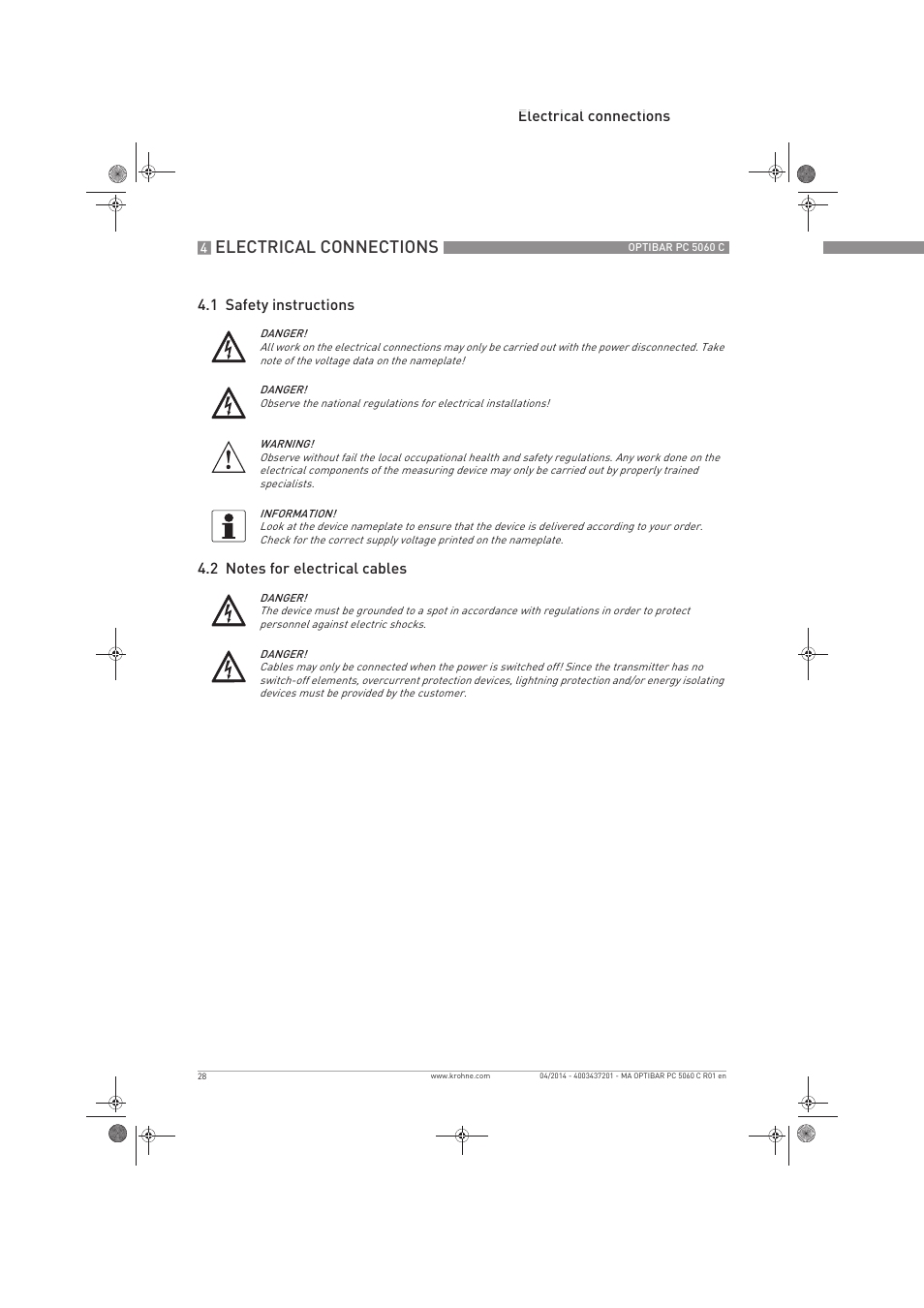 Electrical connections | KROHNE OPTIBAR PC 5060 C EN User Manual | Page 28 / 92