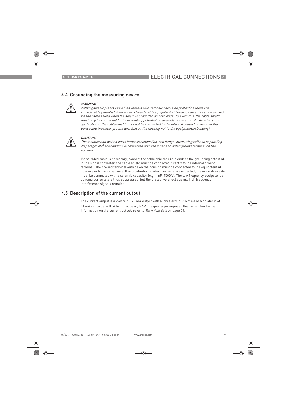 Electrical connections, 4 grounding the measuring device, 5 description of the current output | KROHNE OPTIBAR PC 5060 C EN User Manual | Page 39 / 92