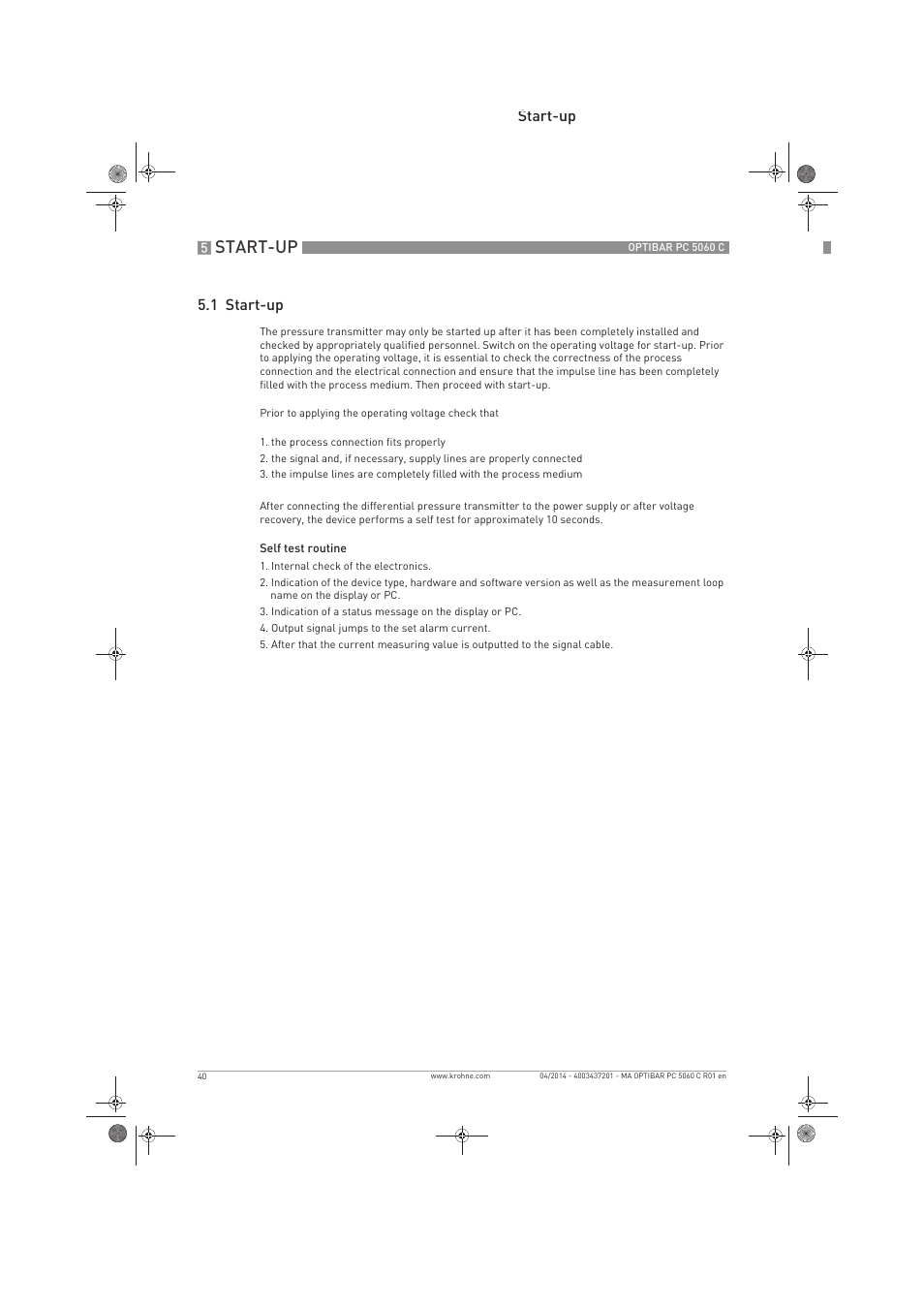 Start-up, Start-up 5.1 start-up | KROHNE OPTIBAR PC 5060 C EN User Manual | Page 40 / 92