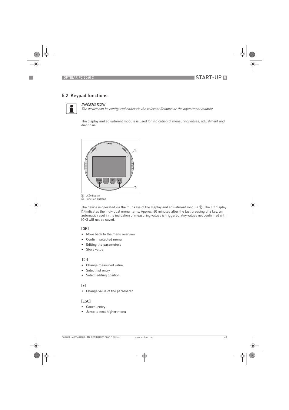 Start-up, 2 keypad functions | KROHNE OPTIBAR PC 5060 C EN User Manual | Page 41 / 92