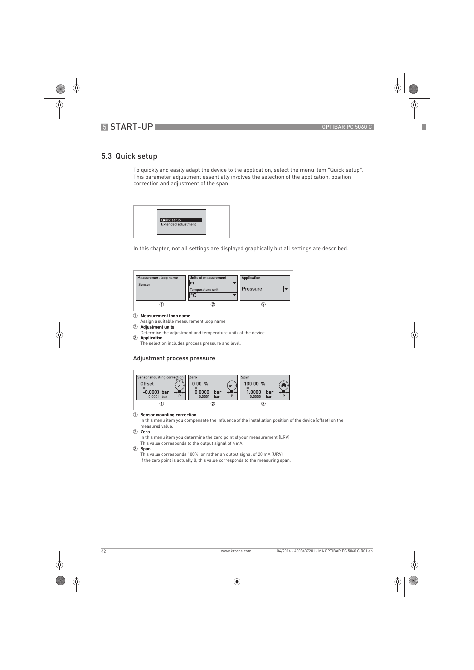 Start-up, 3 quick setup | KROHNE OPTIBAR PC 5060 C EN User Manual | Page 42 / 92