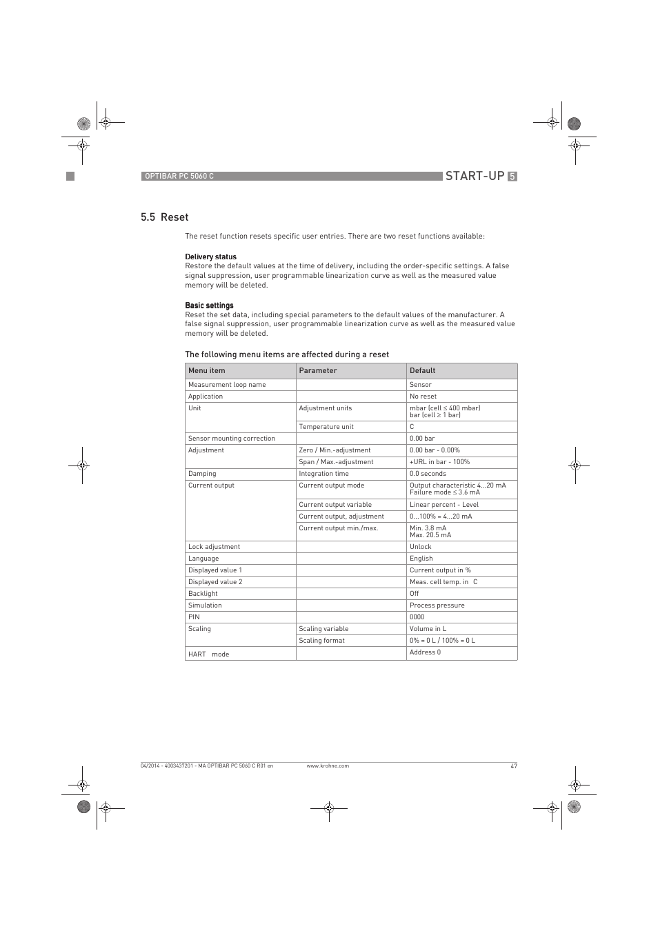 Start-up, 5 reset | KROHNE OPTIBAR PC 5060 C EN User Manual | Page 47 / 92