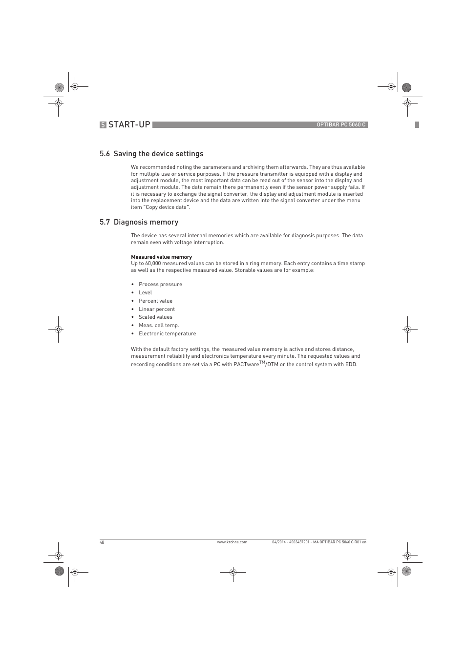 Start-up, 6 saving the device settings | KROHNE OPTIBAR PC 5060 C EN User Manual | Page 48 / 92