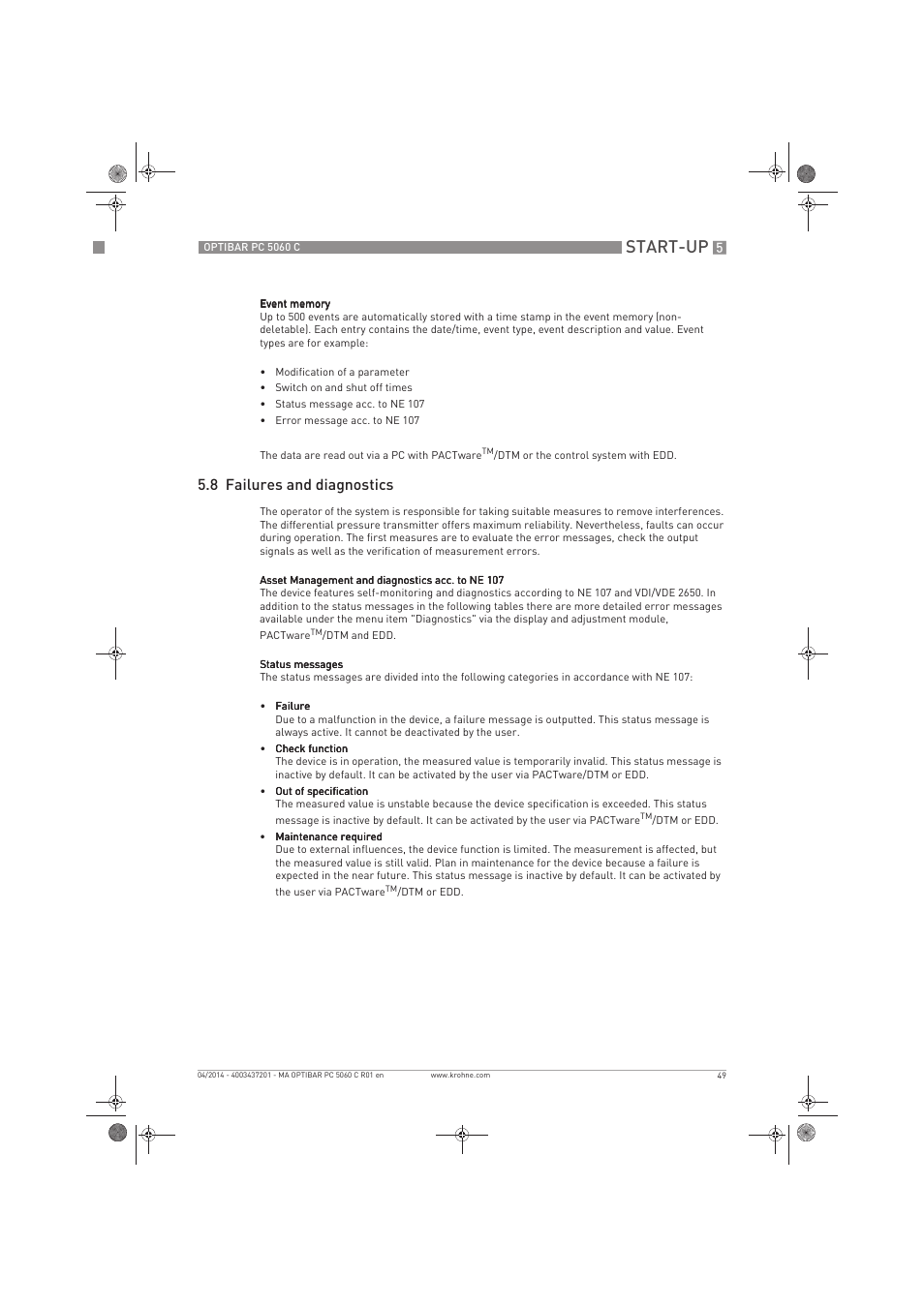 Start-up, 8 failures and diagnostics | KROHNE OPTIBAR PC 5060 C EN User Manual | Page 49 / 92