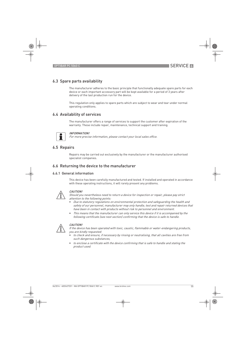 Service, 3 spare parts availability, 4 availability of services | 5 repairs, 6 returning the device to the manufacturer | KROHNE OPTIBAR PC 5060 C EN User Manual | Page 55 / 92