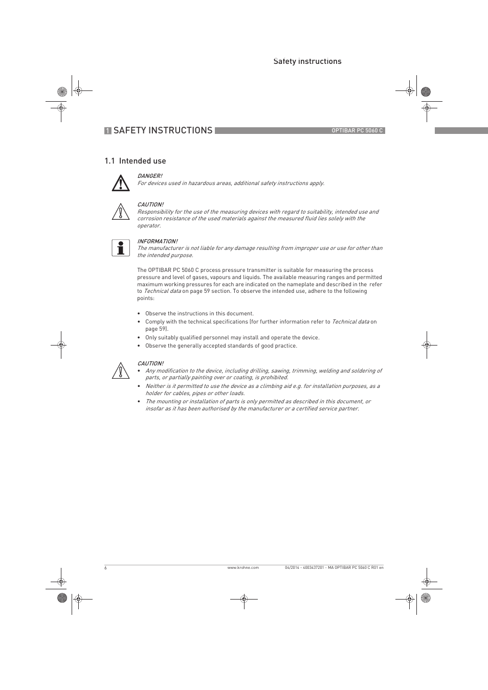 Safety instructions, Safety instructions 1.1 intended use | KROHNE OPTIBAR PC 5060 C EN User Manual | Page 6 / 92