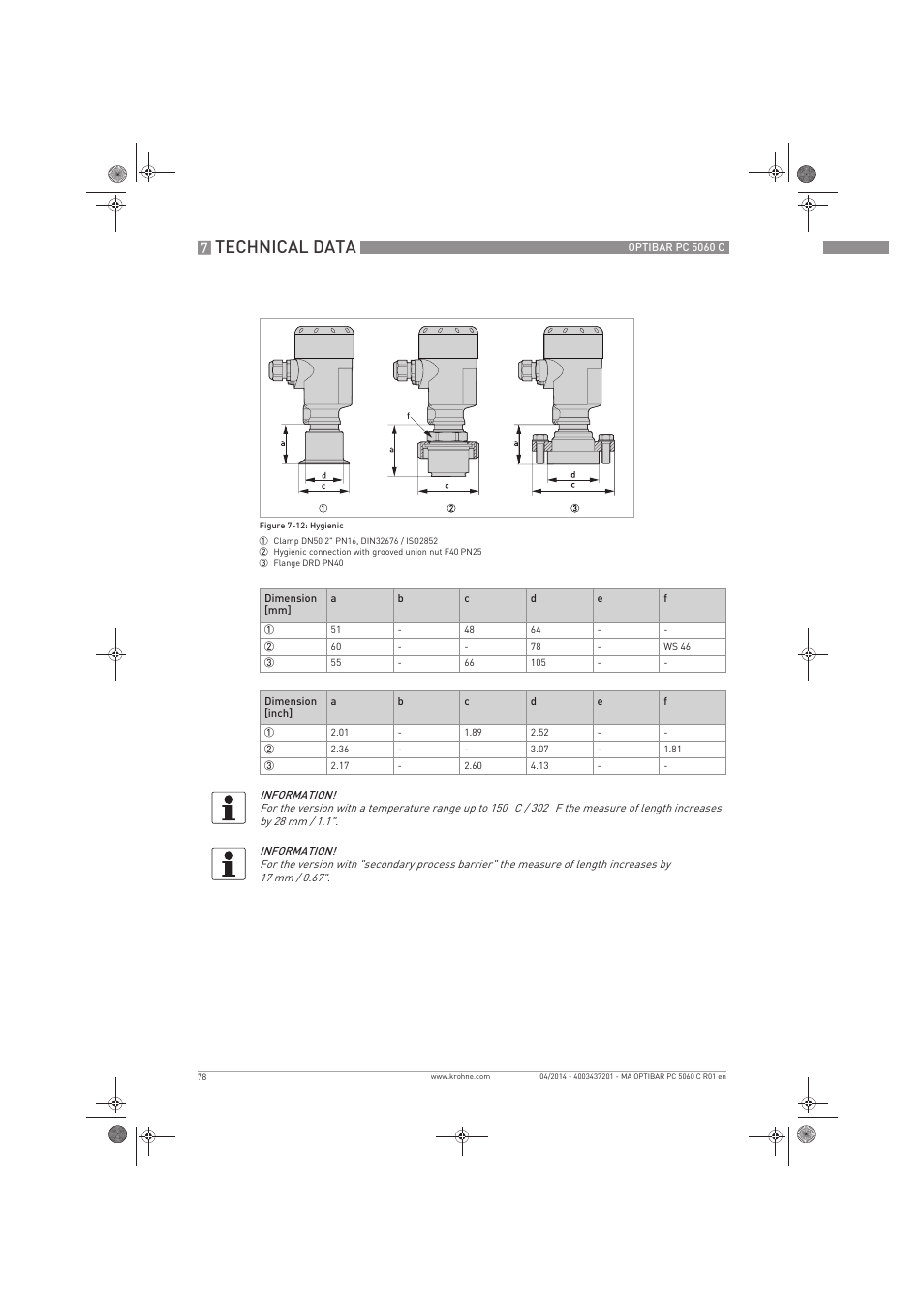 Technical data | KROHNE OPTIBAR PC 5060 C EN User Manual | Page 78 / 92