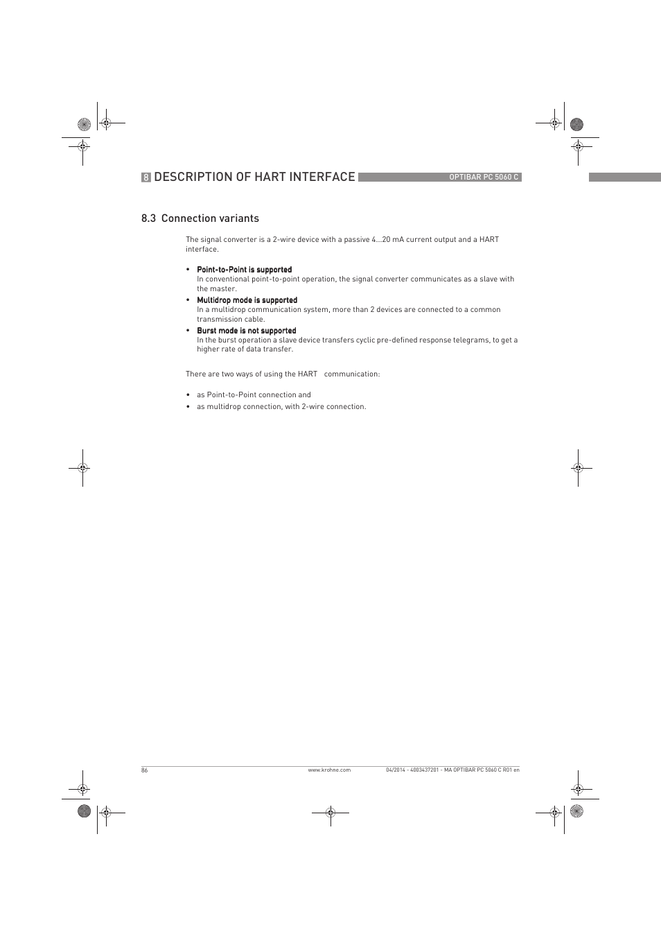 Description of hart interface, 3 connection variants | KROHNE OPTIBAR PC 5060 C EN User Manual | Page 86 / 92