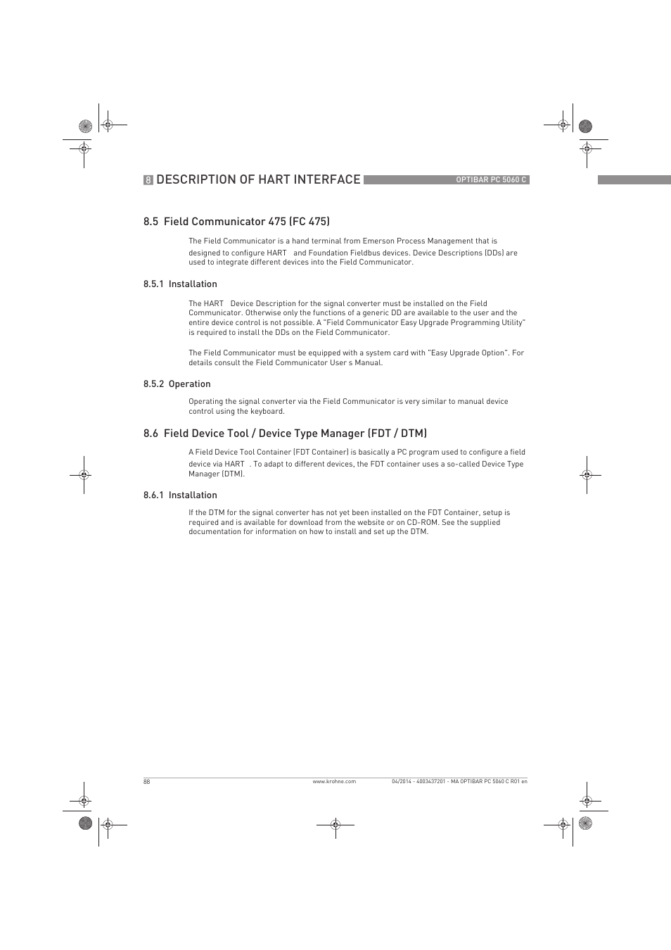 Description of hart interface | KROHNE OPTIBAR PC 5060 C EN User Manual | Page 88 / 92