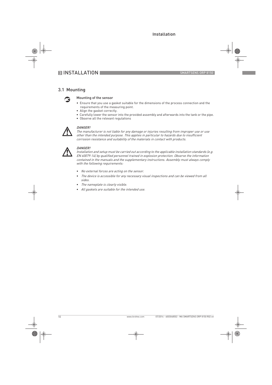 Installation, Installation 3.1 mounting | KROHNE SMARTSENS ORP 8150 Ex EN User Manual | Page 10 / 16