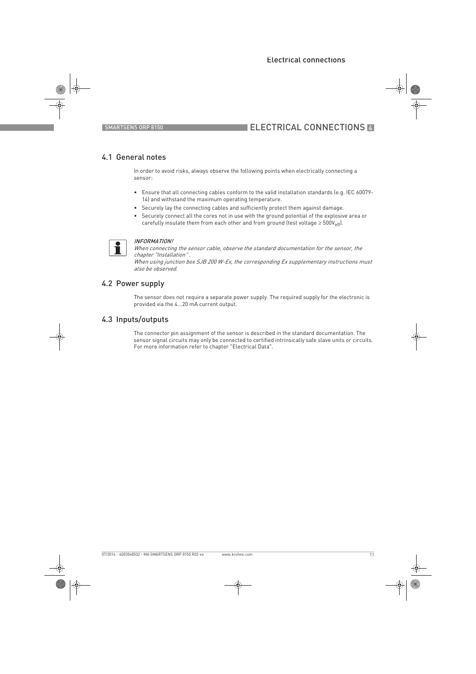 Electrical connections, 2 power supply, 3 inputs/outputs | KROHNE SMARTSENS ORP 8150 Ex EN User Manual | Page 11 / 16