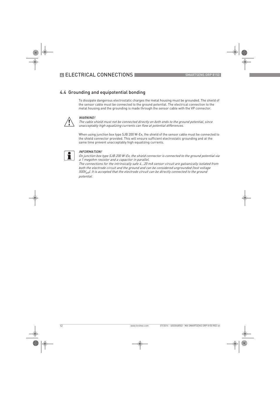Electrical connections, 4 grounding and equipotential bonding | KROHNE SMARTSENS ORP 8150 Ex EN User Manual | Page 12 / 16